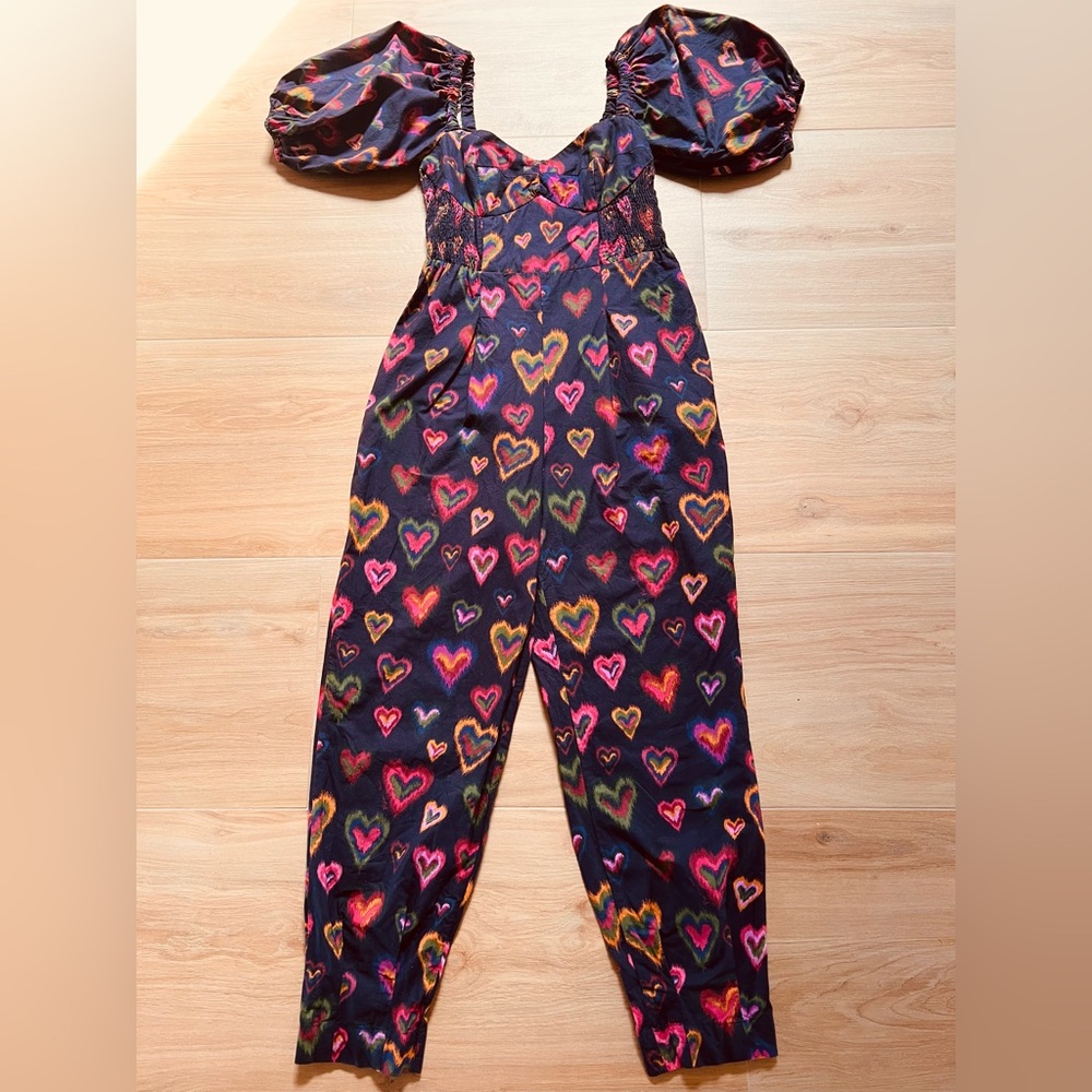Farm Rio Heart Print Smocked Jumpsuit – XXS/PP - Puff Sleeves